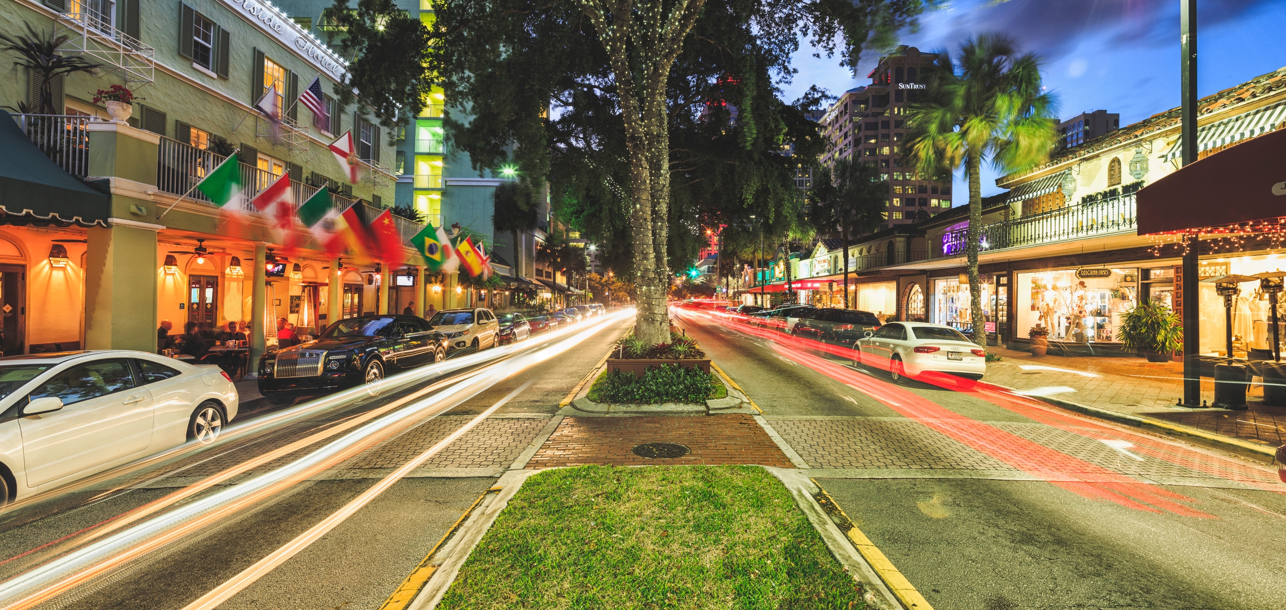 A vibrant evening view down Las Olas Boulevard in Fort Lauderdale.